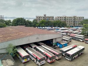 Buses parked at TSRTC depot during TSRTC strike